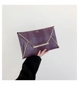 Dark purple crocodile pattern envelope clutch with elegant gold metal trim accents - Purple