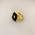 Bague ouverte dorée avec émail noir carré et un zircon scintillant au centre - Taille Ouverte Réglable / Bague Carrée Noire