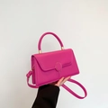 Detail of fuchsia square handbag featuring golden oval buckle and smooth leather texture - Rose Red