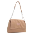 Borsa a spalla beige con ricamo a farfalla rosa e tracolla a catena in argento - Cachi