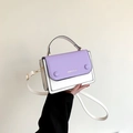 Contrast color patchwork shoulder bag in purple and white faux leather with gold accents - Purple