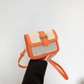 Woven contrast crossbody bag in orange leather and straw with gold metal buckle - Orange