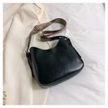 Vintage black PU leather shoulder bag with chic geometric woven wide strap details - Black