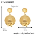 Detailed view of titanium steel earrings with gold finish, bow and hat charms - Bowknot Straw Hat Style (F1369) / Gold