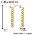 Detailed view of 18k gold plated titanium steel Cuban link chain earrings with dimensions - Gold Link Chain Earrings (F549)