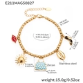 Detail of stainless steel gold bracelet with charms including red lips and zircon accents - Gold Style (E211)