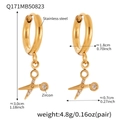 Detailed view of gold plated scissors charms with zircon inlays on stainless steel earrings - Small Gold Scissors Pendant (Q171)