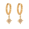 18k gold plated hammered hoop earrings with sparkling zircon star pendant charms - Hammered Octagon Star Pendant (Q153)