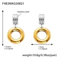 Minimalist bicolor stainless steel drop earrings with hollow rings and ribbed cylinders - Two-tone Large Round Hollow Earrings (F483)