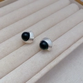 Orecchini vintage francesi con sfere di agata nera e vassoio a vite in argento 925 - Orecchini a lobo in agata nera