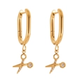 U-shaped gold scissors drop earrings with zircon embellishments in polished 18k gold finish - Scissors Oval Hoop Earrings (Q170)