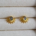 French retro gold plated starburst stud earrings with moonstone inlays for women - Gold