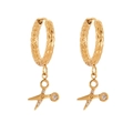 Golden hoop earrings with hammered texture and zircon-studded scissor pendants - Hammered Scissors Earrings (Q173)