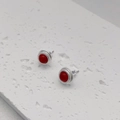 Vintage round silver earrings with red agate inlay and textured wavy edge design - Red Agate
