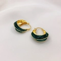 Vintage 18K gold plated hoop earrings with dark green enamel and hammered texture - Green
