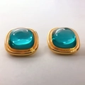 Detail of 18K gold-plated square earrings with large cabochon blue stones and broad frames - Royal Blue (Ear Clip)