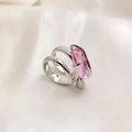 Adjustable silver-plated brass ring with pink crystal and water drop pendant detail - Size 7 (Adjustable) / Pink