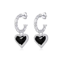Orecchini a cerchio intrecciati in argento con pietra nera a cuore e cristalli - Platino + Pendente Nero