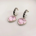 Orecchini a cerchio in argento con zirconi neri e grande ciondolo a cuore in cristallo rosa - Pendulo a Cuore Rosa