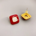 Square red enamel stud earrings with gold plating and white glitter inlay, front and back view - Red