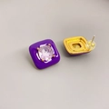 Detailed view of square enamel earrings with purple gemstone and 18K gold-plated base - Purple