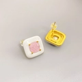 Square brass earrings with 18K gold plating, pink gemstones and white enamel coating - White