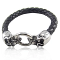 Bracciale punk in pelle intrecciata nera con teschi in metallo argento e chiusura ad anello - Nero