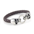 Bracciale punk in pelle intrecciata marrone con teschi argentati e anello centrale metallico - Marrone