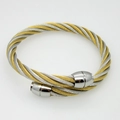 Close-up of two-tone twisted cable bangle with polished silver cylinder end caps - Gold Twisted Wire