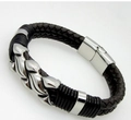 Bracciale da uomo in pelle nera a doppia treccia con chiusura magnetica in argento lucido - Nero