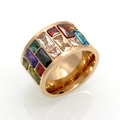 Bague large en acier inoxydable or rose avec pierres de zircon rectangulaires colorées - Or rose / US 6