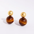 Pendientes vintage clásicos con bola de metal dorado y piedra de ojo de tigre marrón retro - Oro Mate Ojo de Tigre