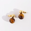 Pendientes de mujer vintage con esferas doradas y piedras de ojo de tigre marrón - Oro Brillante Ojo de Tigre