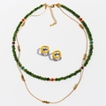 Double-layer necklace with green beads and gold chain, plus yellow enamel earrings - Double Layer Necklace + Stud Earring Set (Green)