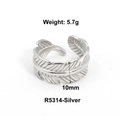 Anello aperto a foglia argento in acciaio al titanio, larghezza 10mm e peso 5,7g - US 6 / Stile Piuma Intagliata 3D (R5314) / Colore acciaio