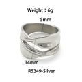 Silver finish wide criss-cross titanium steel ring with textured edges and 14mm width - Size 6 / Cross Streamline Style (R5349) / Steel
