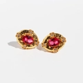 Retro oval red zircon stud earrings with gold textured base and white accents - Red Zircon Gold Earrings