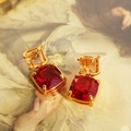 Vintage gold earrings with champagne zircon and deep red square gemstones in 1688 style - Wine Red Gemstone Champagne Zirconia Style