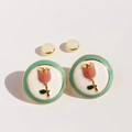 Pink tulip enamel round earrings with gold plating and cream bead backings on white surface - Pink Tulip Style