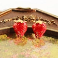 Red strawberry enamel stud earrings with gold leaves and pink sparkling rhinestones - Red Strawberry Style