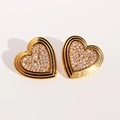 Luxurious gold heart stud earrings with micro-paved zircons and vintage double-layer border - Heart-shaped Gold Style (06)