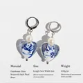 Blue and white porcelain glass heart earrings with faux pearls and brass fittings - Earrings