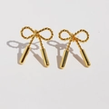 Golden twisted rope bow earrings with double cylindrical solid metal pendants - Gold