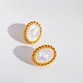 Vintage gold oval stud earrings with iridescent opal and twisted metal border - Gold Iridescent Oval (422)