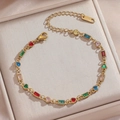 Elegantes Damenarmband aus vergoldetem Edelstahl mit bunten Herz und Kristallsteinen - Mehrfarbiges Herz Und Rechteck Goldenes Armband (TT956)