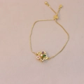 Detail of adjustable gold floral bracelet featuring colorful marquise zircon petals - Colorful