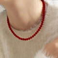 Short red agate beaded necklace with round stones and minimalist lobster clasp - 6mm Red