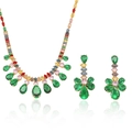 Elegantes Halsketten-Set mit smaragdgrünen und bunten Edelsteinen sowie Blumen-Ohrringen - Mehrfarbiges Zirkonia-Schmuckset (Halskette Und Ohrringe)(PJ--18)
