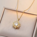 Elegant rotating sunflower pendant necklace in gold finish with sparkling zircon stones - Gold-Tone Sunflower Pendant Necklace (X1058-Necklace-1)