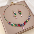 Colorful zircon jewelry set with marquise gemstone necklace and drop earrings in gold finish - Marquise Multicolor Gem Style (PJ---38)